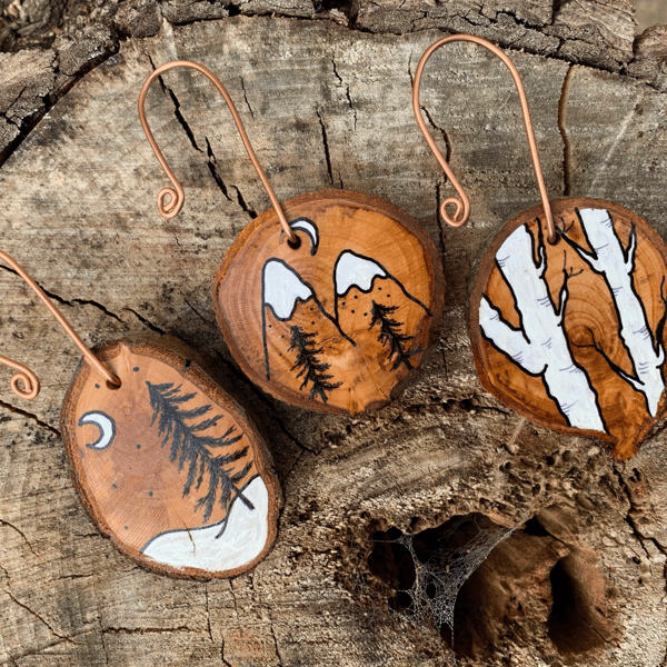 Wooden Christmas decoration, with copper hanging wire, rustic homeware