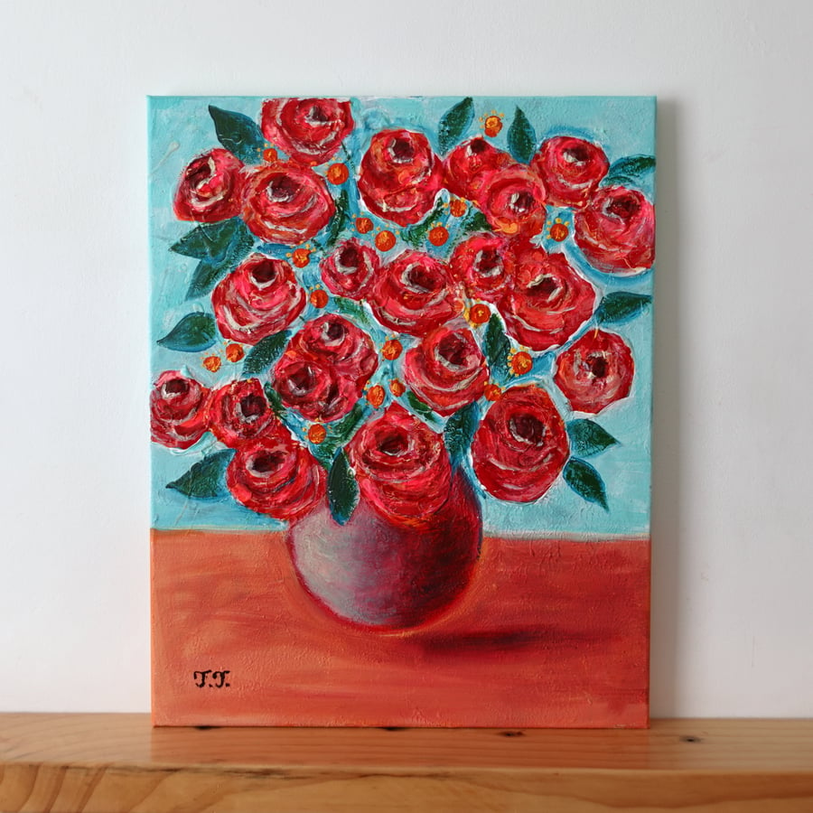 Red Rose Bouquet Painting, Original Acrylic Artwork for Modern Home, Floral Art