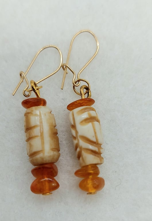 Dainty Baltic Amber & Bone Beads Drop Earrings