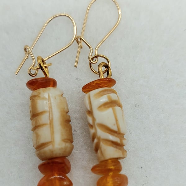 Dainty Baltic Amber & Bone Beads Drop Earrings