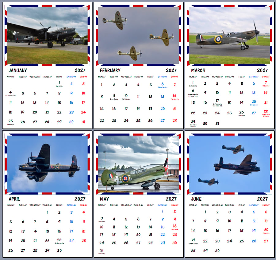 2027 Calendar British WW2 Aeroplanes A4 Size Wall Hanging 