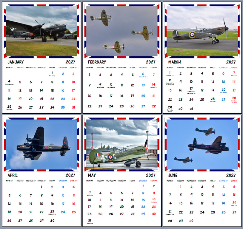 2027 Calendar British WW2 Aeroplanes A4 Size Wall Hanging 