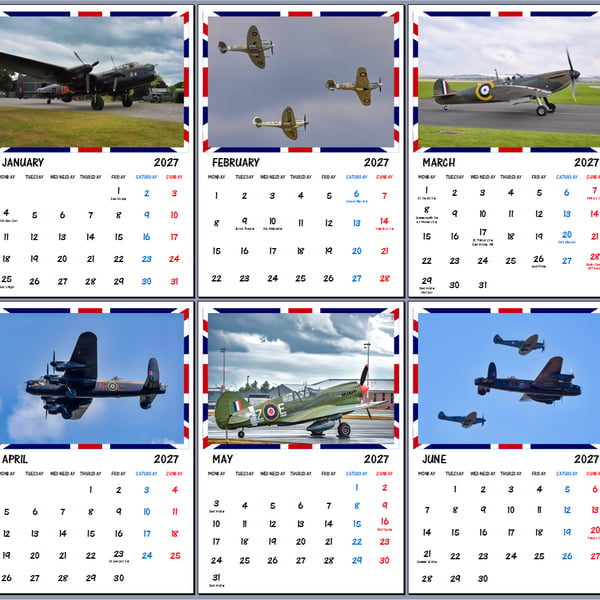 2027 Calendar British WW2 Aeroplanes A4 Size Wall Hanging 
