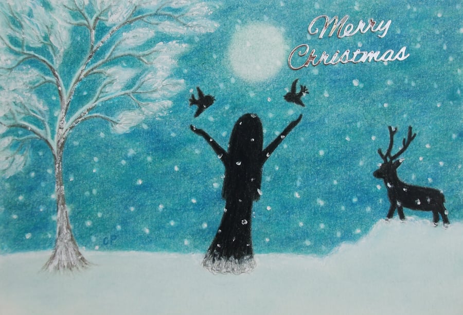 Christmas Card: Snow Daughter Art Card, Deer Girl Birds Moon Tree Card, Winter