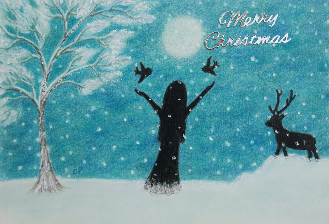 Christmas Card: Snow Daughter Art Card, Deer Girl Birds Moon Tree Card, Winter