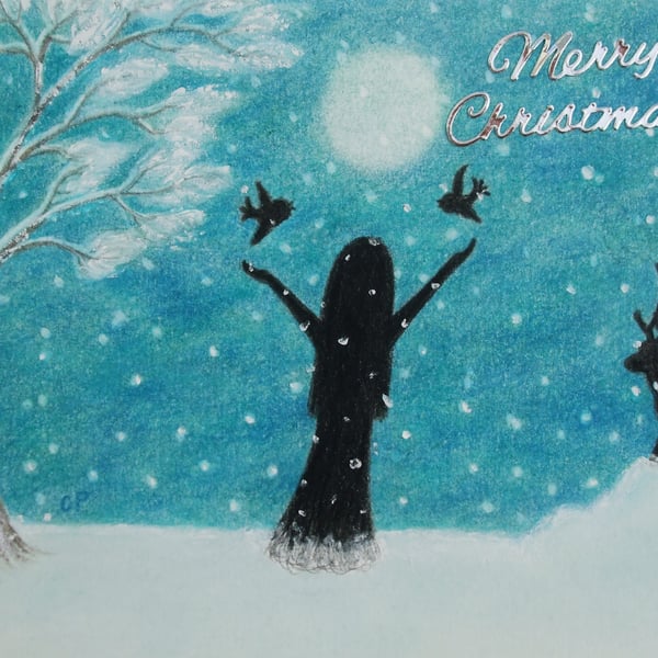 Christmas Card: Snow Daughter Art Card, Deer Girl Birds Moon Tree Card, Winter