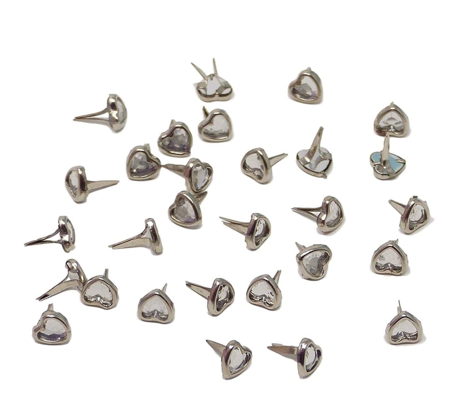 50 Mini Heart Crystal Brads For Crafts & Scrapbooking Silver Brads 6mm