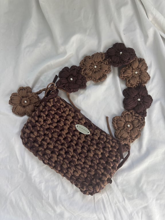 Handmade Crochet Shoulder Bag - Mocha & Chocolate Brown - Floral Flower Strap 