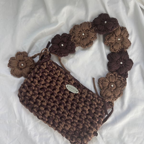 Handmade Crochet Shoulder Bag - Mocha & Chocolate Brown - Floral Flower Strap 