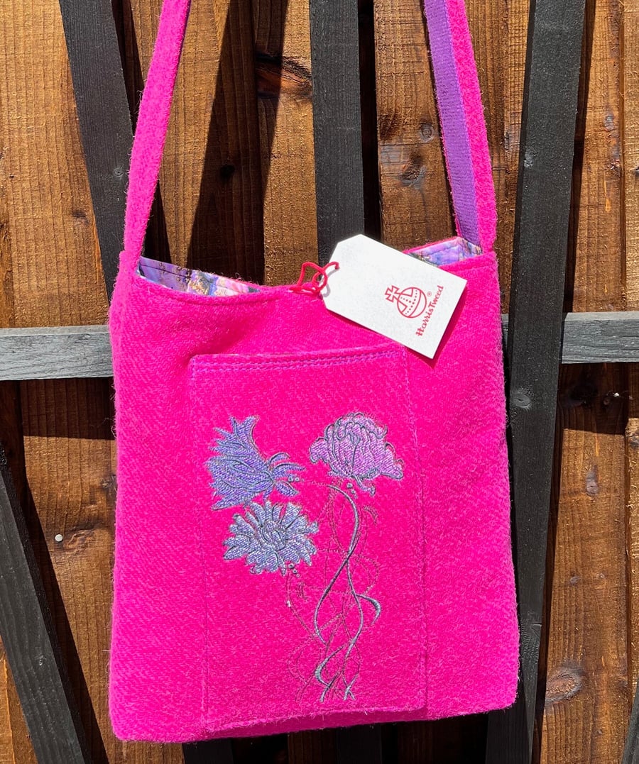 The Cornflower Bag - Cerise Pink Harris Tweed Embroidered Shoulder or Crossbody 