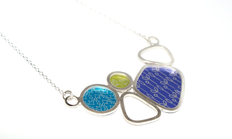 Silver and purple bib necklace - spring buds and butterfly pattern