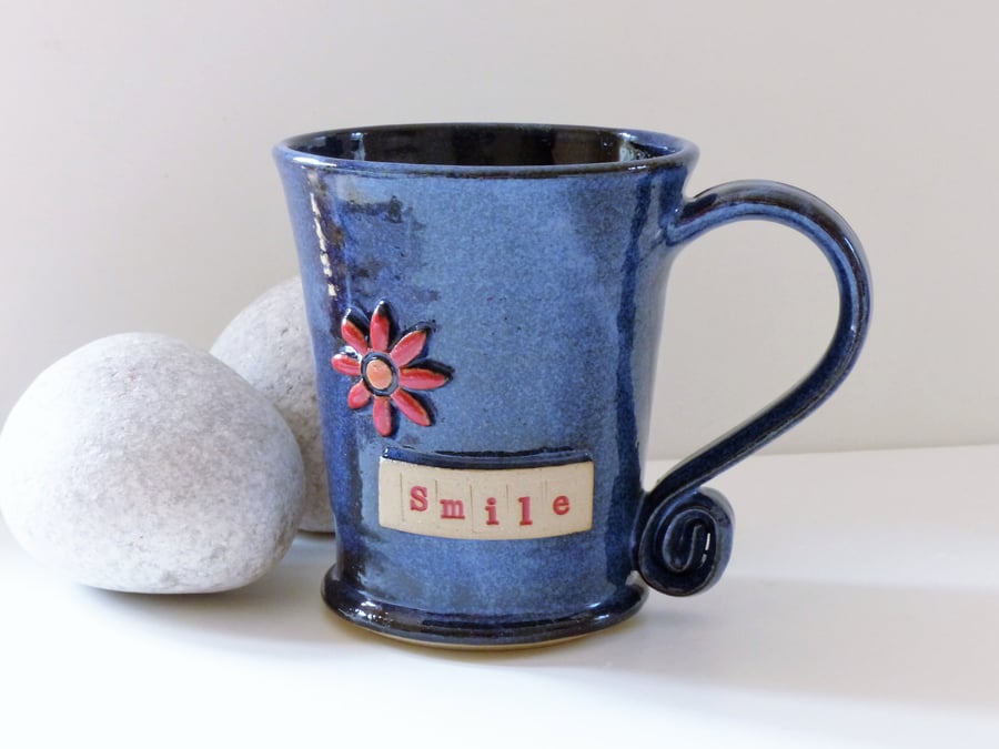 Smile - Flower -  Blue Mug Ceramic Stoneware Pottery UK Gift Gifts Mugs 
