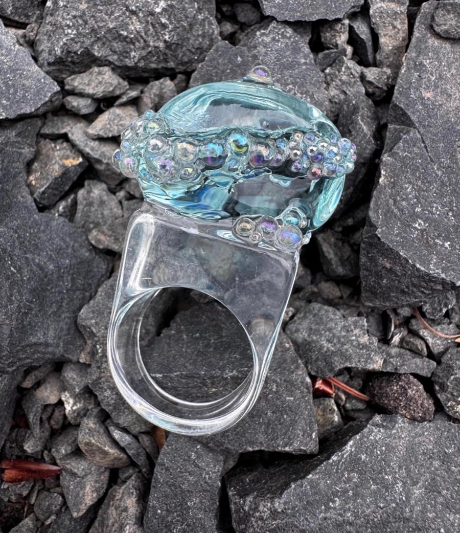 Blue Obsidian Ocean Foam Ring. Resin Band. Size P