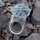 Blue Obsidian Ocean Foam Ring. Resin Band. Size P