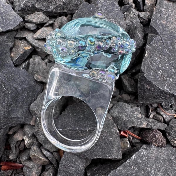 Blue Obsidian Ocean Foam Ring. Resin Band. Size P