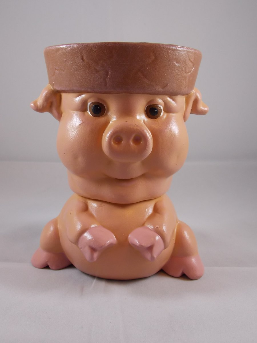Ceramic Hand Painted Small Pink Pig Flower Herb Plant Pot Candle Holder.