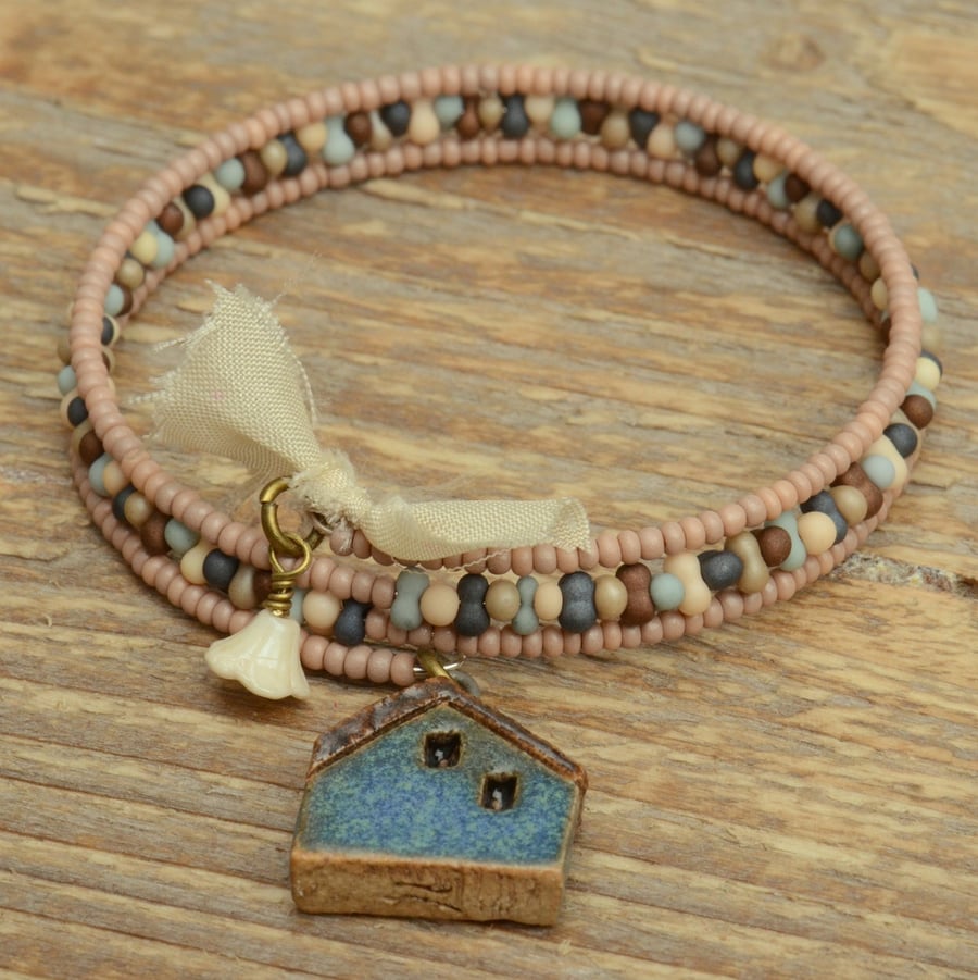 Memory Wire Seed Bead Bracelet with Raku House