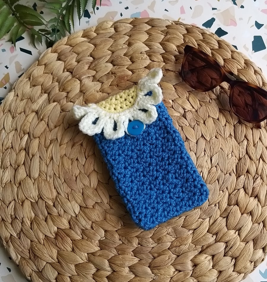 Crochet Cornish Blue Daisy Detail Glasses Case, Phone Case 
