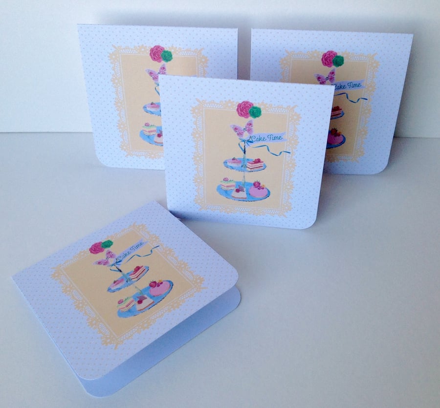 Notecards,Set of Four Blank,'Cake Time'Handmade Notecards with Envelopes