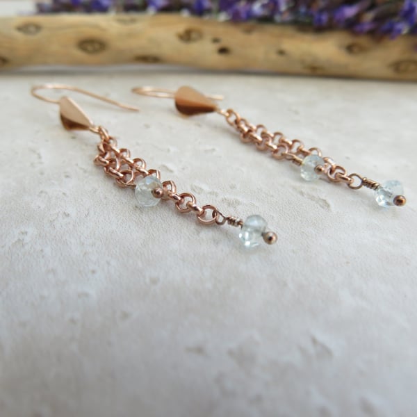 Natural Aquamarine and Rose Gold Pierced Earrings
