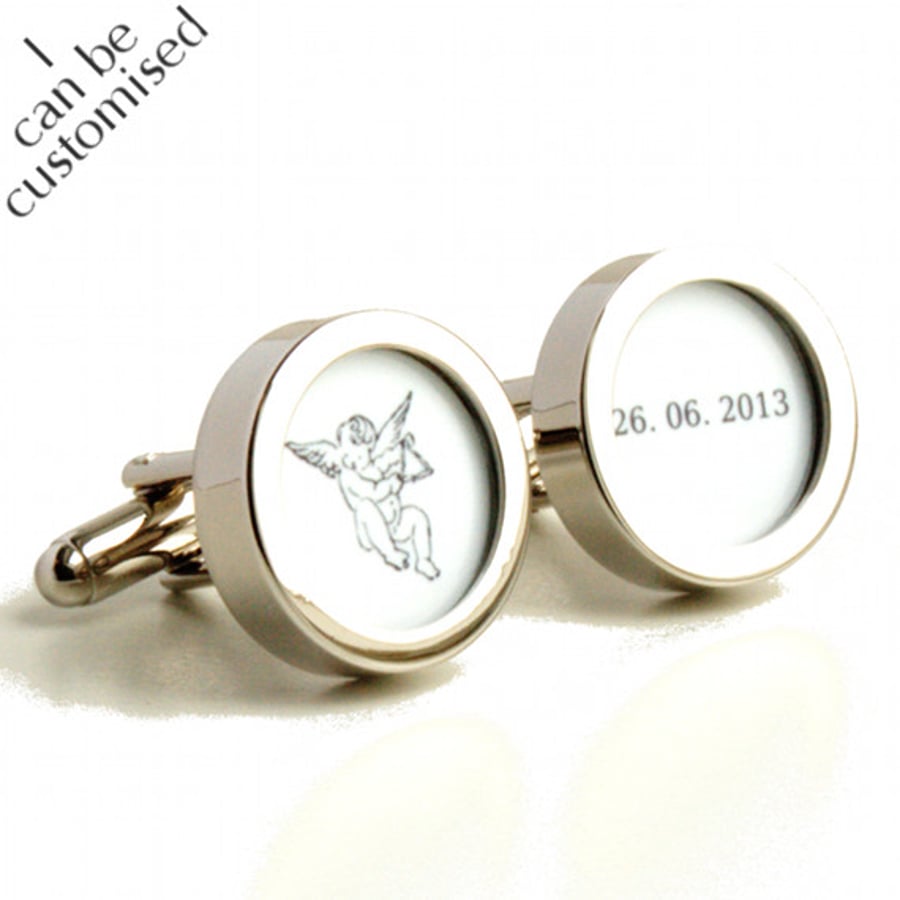 Custom Wedding Cufflinks with Cupid and the Wedding Date of the Bride and Groom