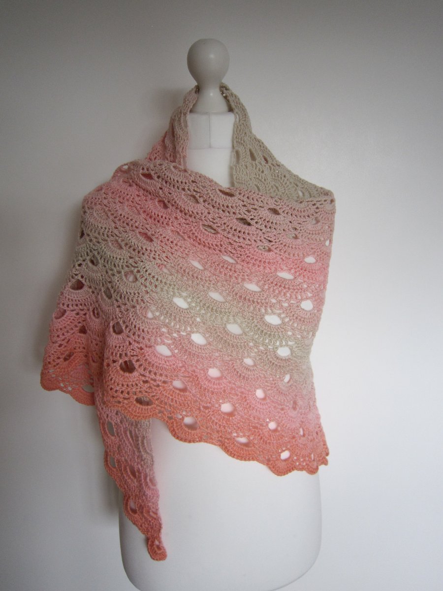 Hand Crochet Ladies Shawl in Peach and Beige, Summer Shawl, Gift Idea, Holidays