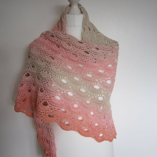 Hand Crochet Ladies Shawl in Peach and Beige, Summer Shawl, Gift Idea, Holidays