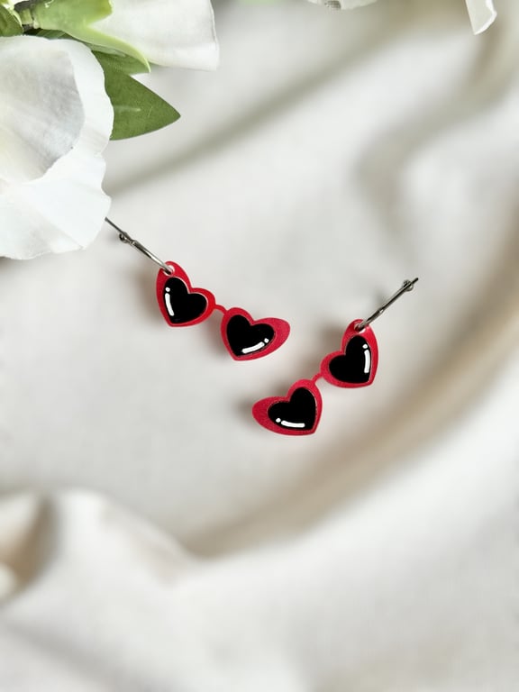 Red Heart Sunglasses Acrylic Earrings -  Retro Hoop Dangles