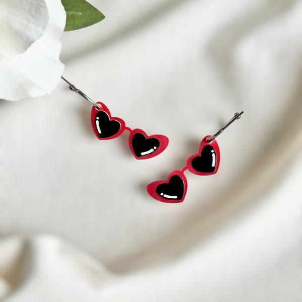 Red Heart Sunglasses Acrylic Earrings -  Retro Hoop Dangles
