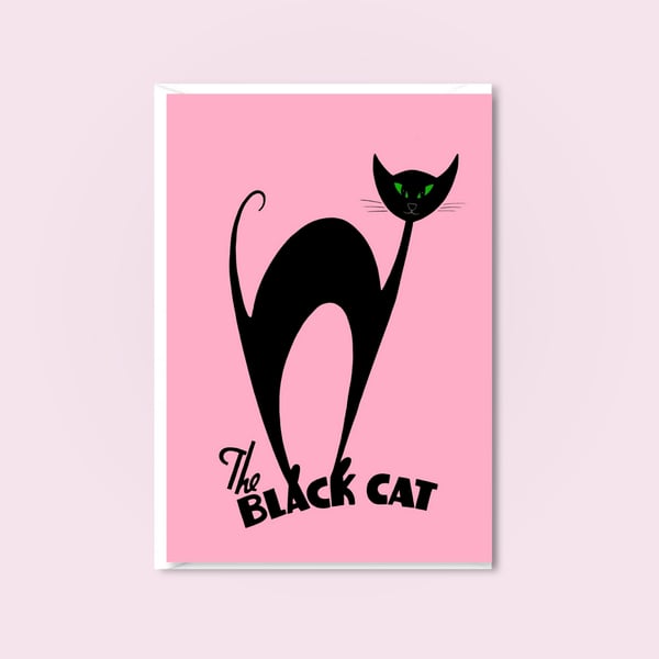 Pink Cat Greetings Card and Envelope with a Mid Century Style Atomic Black Cat 