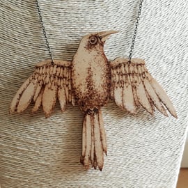 Large pyrography crow pendant