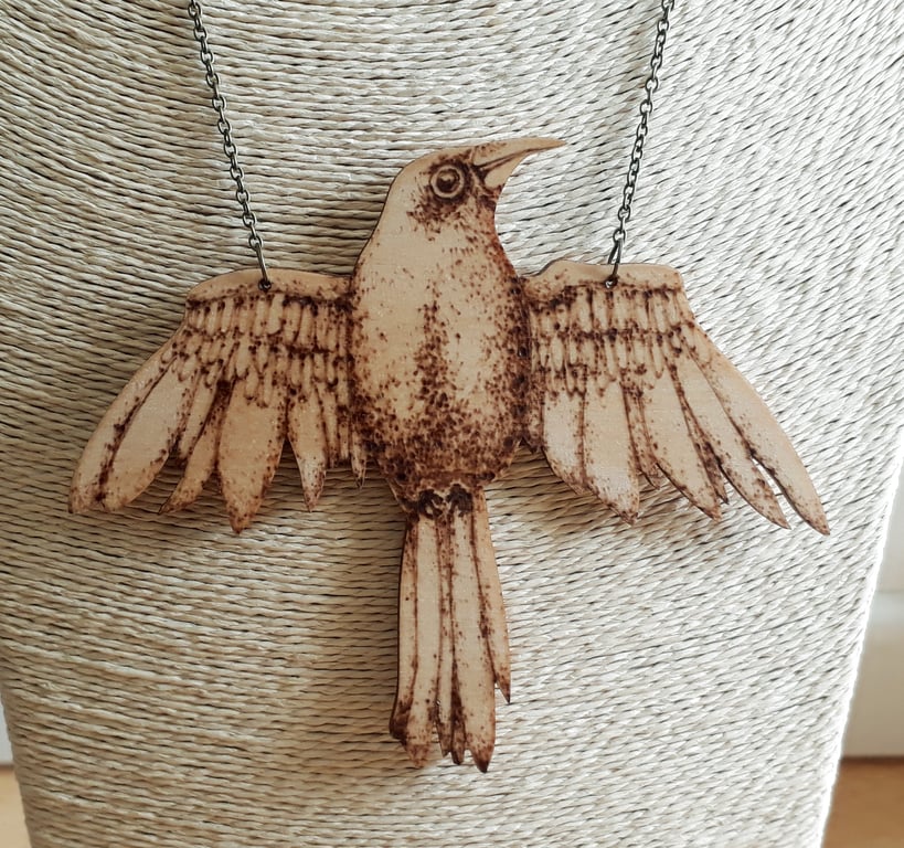 Large pyrography crow pendant