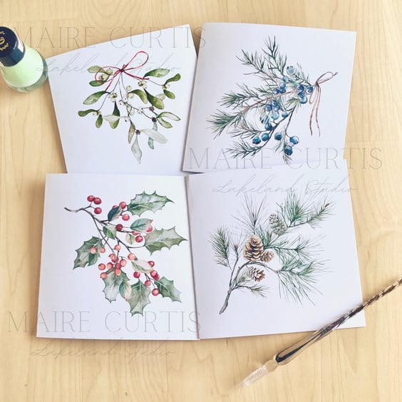 Watercolour Winter Botanicals Christmas Cards 6x6 with envelopes