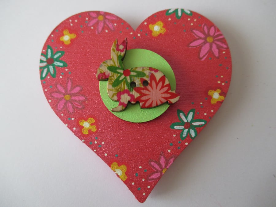 Bunny Rabbit Magnet Hand Painted Wooden Heart Animal Bunny Button Flowers