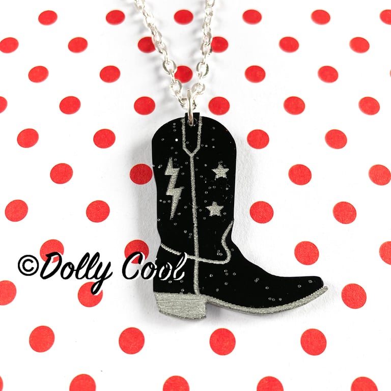 Cowboy Boot Necklace in Black Glitter Acrylic. Star and Lightning Bolt Detail