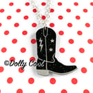 Cowboy Boot Necklace in Black Glitter Acrylic. Star and Lightning Bolt Detail