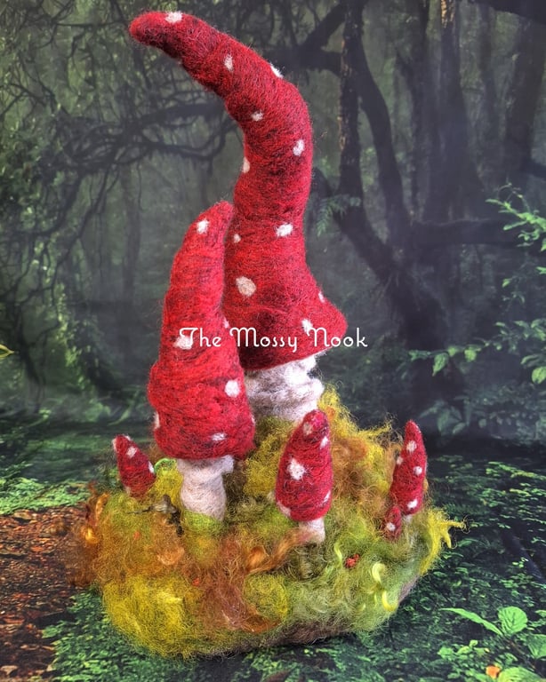 Enchanted Toadstools on a Mossy Hummock. Needle-Felted Fibre Art.