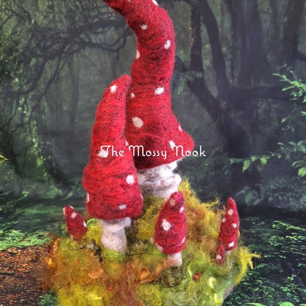 Enchanted Toadstools on a Mossy Hummock. Needle-Felted Fibre Art.