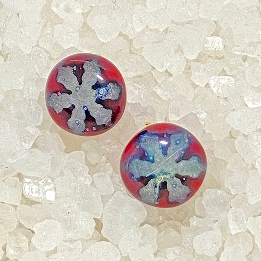 Red, Black and Silver Snowflake Glass Stud Earrings 