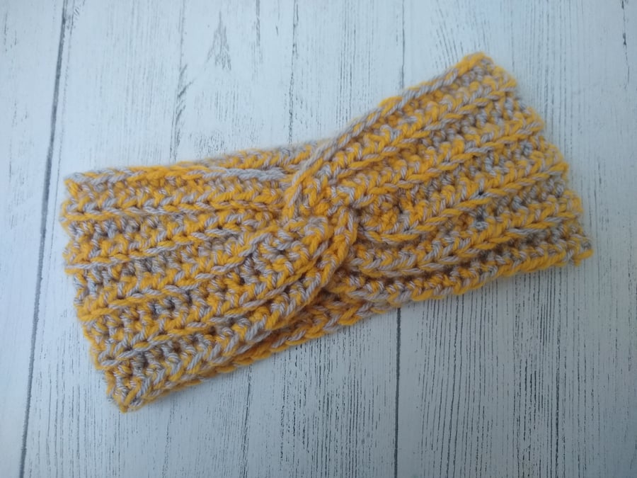 Yellow Grey Crochet Twisted Headband Ear Warmer
