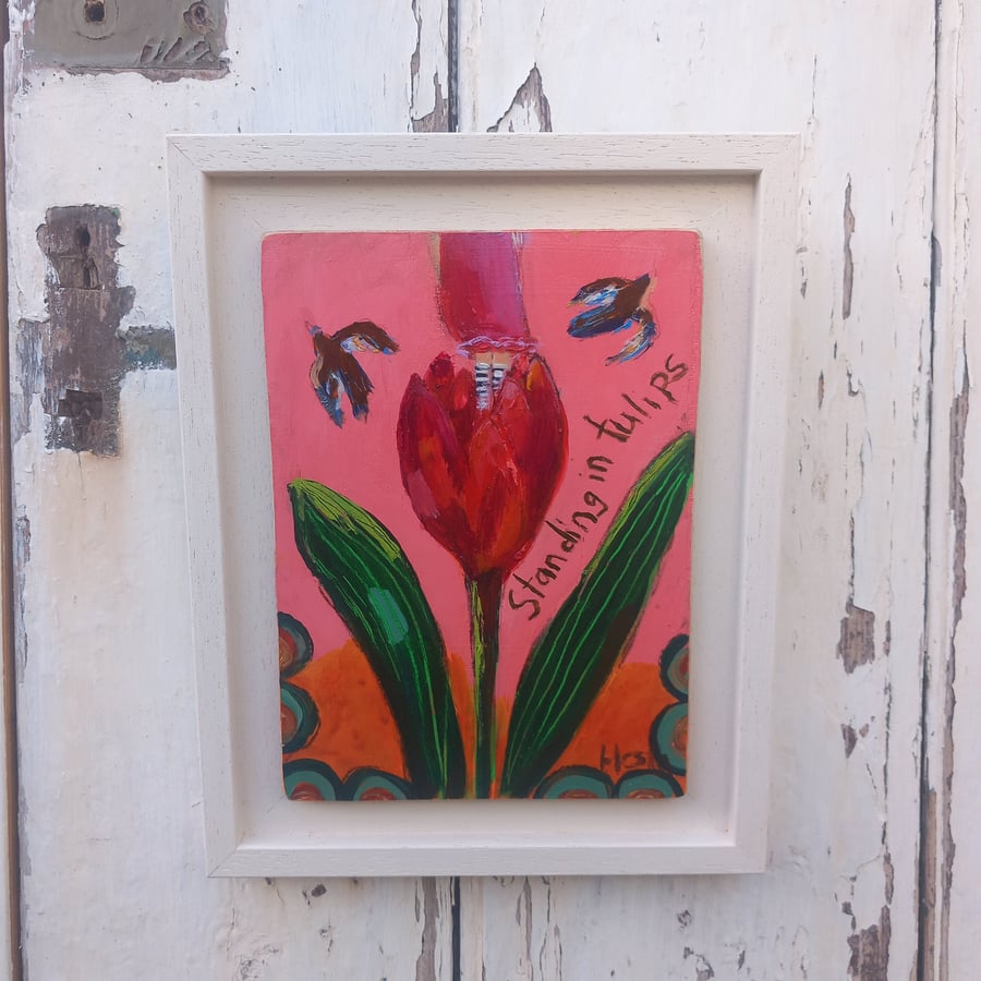 Small original folk art painting on wood ' tulips' folklore and fairy tales '