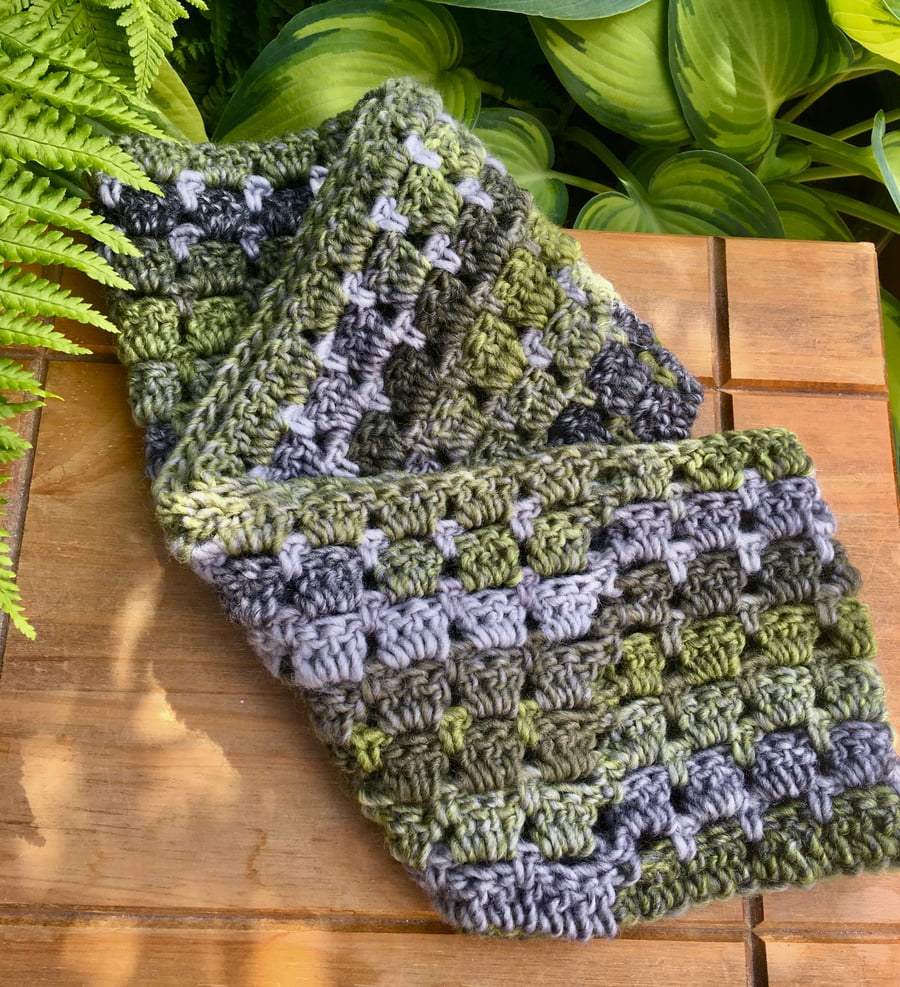 Wool Crochet Infinity Scarf, Moss, Lichen Green and Grey Cowl