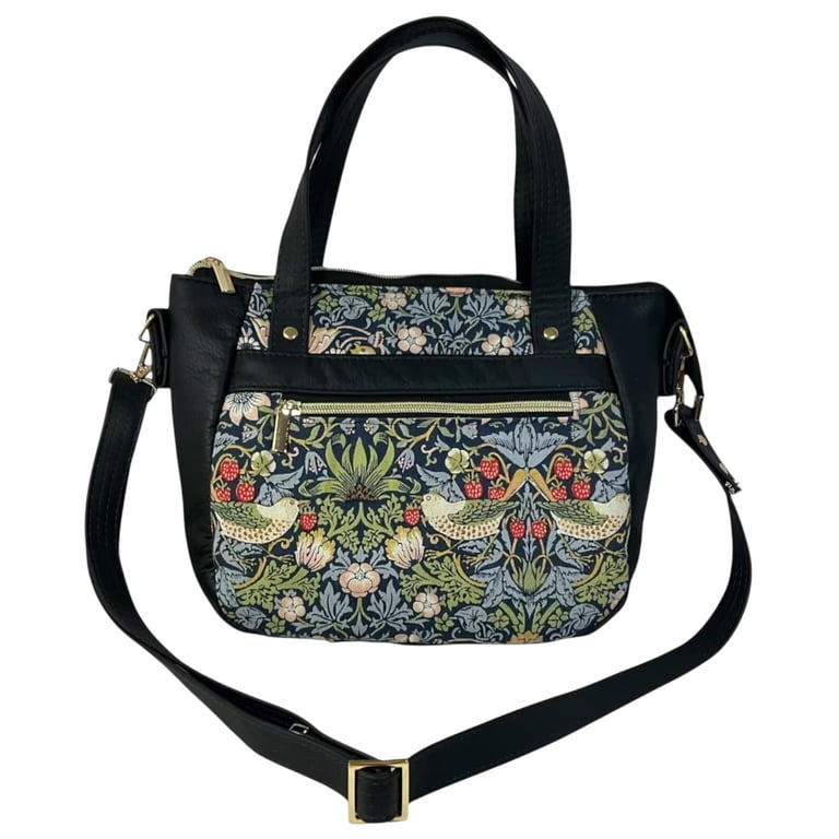 Handbag in genuine Leather and strawberry thief print, William Morris crossbody