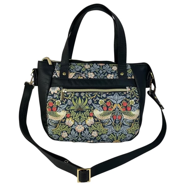 Handbag in genuine Leather and strawberry thief print, William Morris crossbody