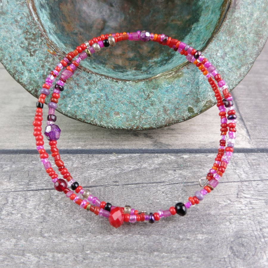 Wrap Around Beaded Bracelet Using Tiny Pink and Red Beads