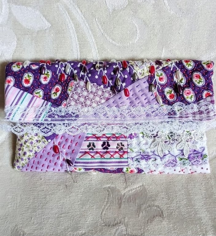 Hand embroidered and beaded clutch, original unique textile art purse