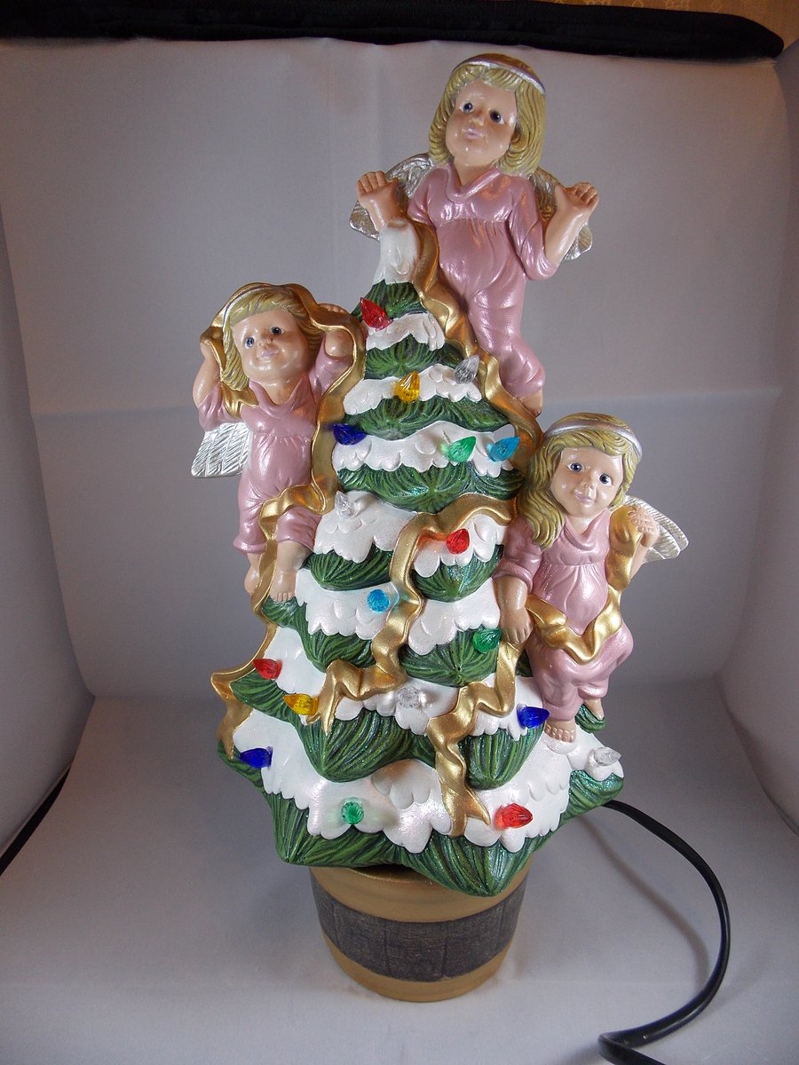 Ceramic Hand Painted Green Snowy Christmas Xmas Tree Pink Angels Table Lamp.