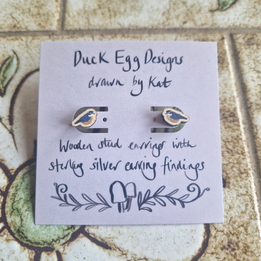 Nuthatch Bird Wooden Stud Earrings