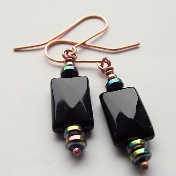 Black agate earrings rainbow haematite copper
