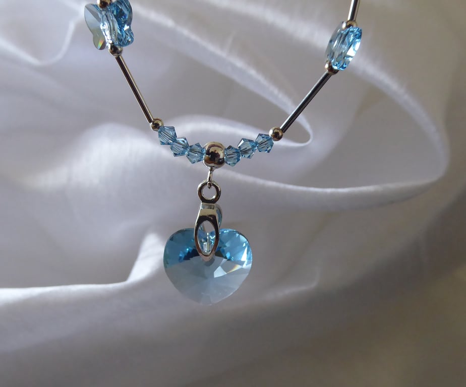 Sterling Silver Heart & Butterflies Swarovski Aquamarine Crystal Necklace 